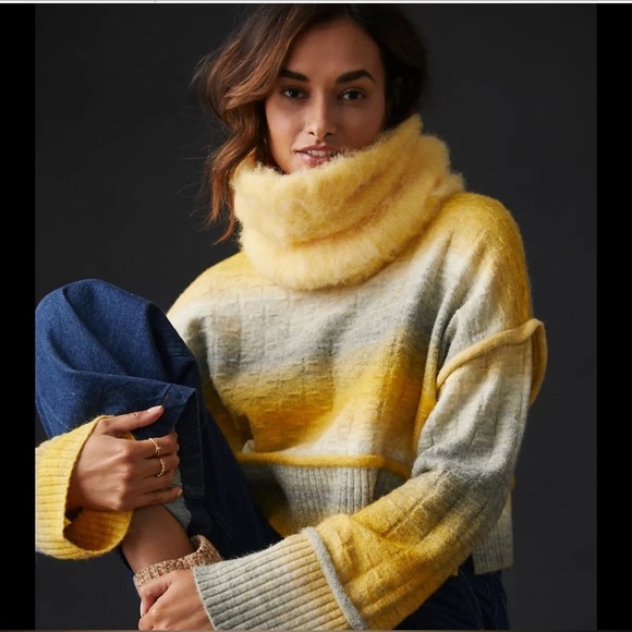 Pilcro Anthropologie Mock Neck Yellow Gray Ombre Knit Crop Pullover Sweater XS - Picture 15 of 16